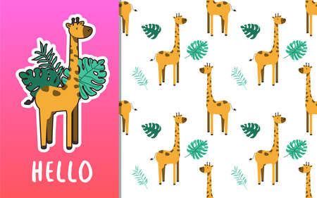 Happy cute cartoon giraffe animal character. Card and seamless pattern set. Hand drawn textile surface design illustration EPSのイラスト素材
