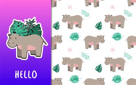 Cute hippo baby with floral backdrop. Jungle animal cartoon character. Alphabetical Kids card print template and seamless background pattern. Hand drawn fabric surface design. EPSのイラスト素材