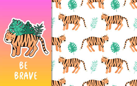 Cute hand drawn tiger. Hand drawn vector illustration - cute cartoon tiger card and striped seamless pattern EPSのイラスト素材
