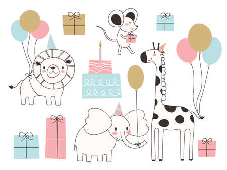 Set of cute cartoon animals for birthday card design EPSのイラスト素材