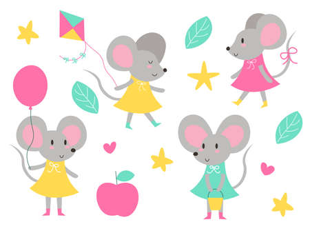 Flat vector set of little mouse in different situations. Small rodent with big ears and long tail. Cute cartoon character EPSのイラスト素材