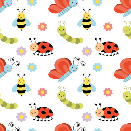 Seamless repeat pattern with fun happy bugs, insects, bee, flowers on a white ground EPS vectorのイラスト素材