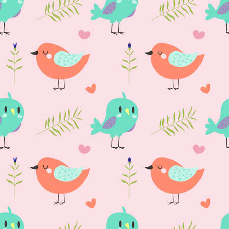 cute seamless pattern with pink birds on branches background EPSのイラスト素材