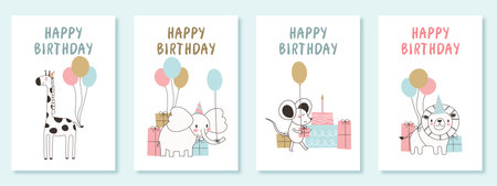 Happy birthday greeting card and party invitation set, vector illustration. Vector illustration, hand drawn animals style. EPSのイラスト素材