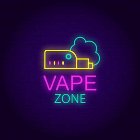 Zone vape shop neon sign electronic cigarette on brick wall background. Vector illustration in neon style for smoking or vape shops, retail stores EPSのイラスト素材