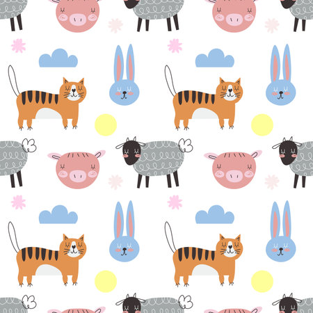 Bright Fun Cartoon Farm Domestic Animals Seamless Background. Countryside amusing baby animals pattern for childrenのイラスト素材