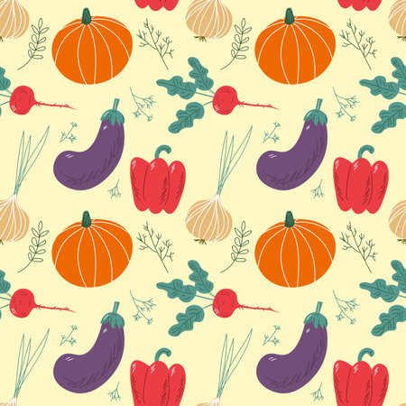 Seamless pattern with hand drawn vegetables. Vegetarian healthy food vector texture. Vegan, farm, organic, detox EPSのイラスト素材