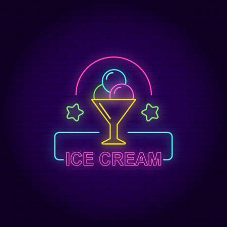 Vintage Glow Poster with Ice Cream Cream Balls in Cone, Candies and Inscription. Neon Lettering. Template for Flyer, Banner, Invitation. Brick Wall. Vector 3d Illustration. Clipping Maskのイラスト素材