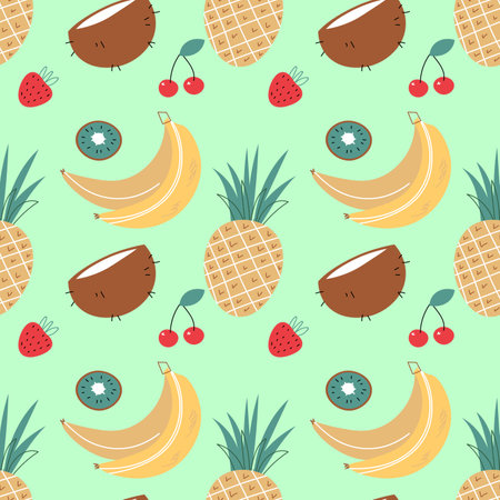 Abstract seamless pattern with fruits and berries. Hand draw texture. Vector template for cards, banners, print fabric, t-shirt. Pastel colors.のイラスト素材