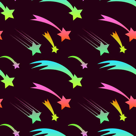 Festive cute seamless pattern with neon flying stars. Celebratory background with Christmas star. Ornament for gift wrapping paper, textile, surface textures. Vector Illustration. EPSのイラスト素材