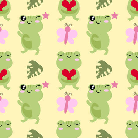 Cute funny green frog seamless pattern. Vector hand drawn cartoon kawaii character illustration stickers design set. Funny cartoon toad frog mascot character seamless pattern conceptのイラスト素材