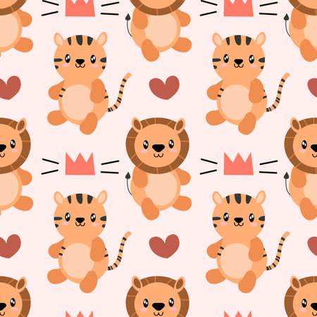 Seamless pattern with cute wild animal. Tiger and lion. African safari. Vector illustration Scandinavian style flat design. Concept for kids, textile print, poster, cardのイラスト素材