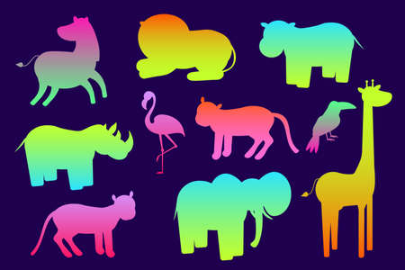 Africa animals silhouettes, isolated on white background vector illustration. Africa animals contour. Africa mammals big vector set. Hippo, elephant, giraffe, lion icon EPSのイラスト素材