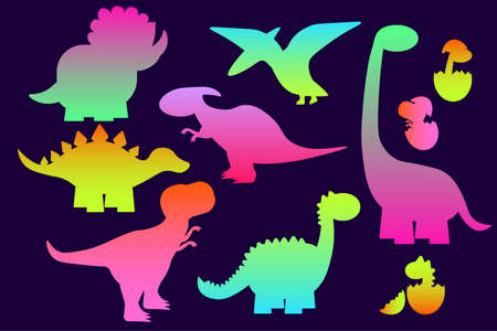 Dinosaur color neon silhouette set. Reptile shape collection, predators and herbivores dino. Funny dinosaurs. Kids design for fabric or textile. Vector illustration isolated EPSのイラスト素材