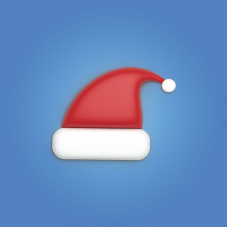 Single 3d Material realistic red Santa Claus hat with fluffy fur pompon isolated on blue background illustrationの写真素材