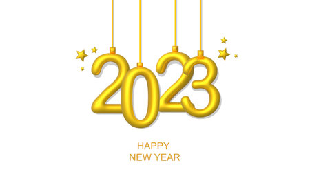 2023 3d Render Realistic Gold. Merry Christmas and Happy New Year 2023 greeting card. Vector illustration EPS10のイラスト素材