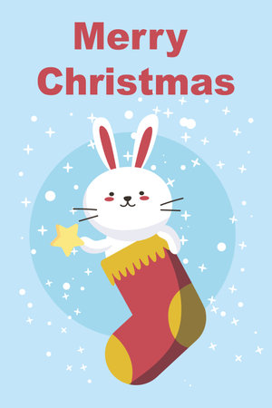 Merry christmas. Cute bunny rabbit in stocking. Greeting card. Winter card vector illustration on a blue background with snow. New Year and Merry Christmas EPSのイラスト素材