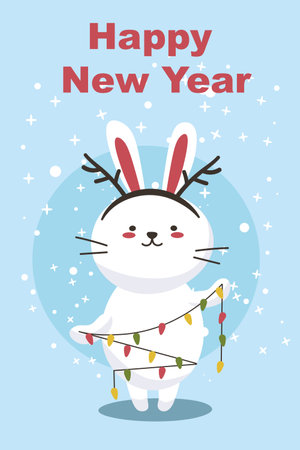 Cute vector rabbit with colorful garland. Symbol of the Chinese New Year Flat illustration of a funny character Merry Christmas card EPSのイラスト素材