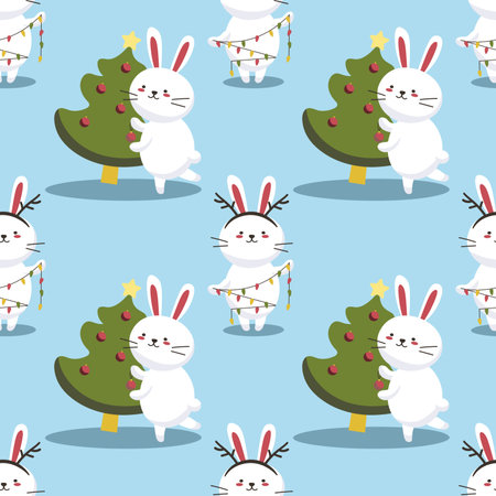Christmas seamless pattern with bunny background, Winter pattern with white rabbit, wrapping paper, winter greetings, web page background, Christmas and New Year greeting cards EPSのイラスト素材