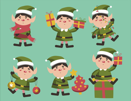 Set of cute playful Christmas elves. Collection of cute Santa Claus helpers. Happy New Year, Merry Xmas design element. Isolated. Good for card, banner, flayer, leaflet, poster. Vector illustrationのイラスト素材