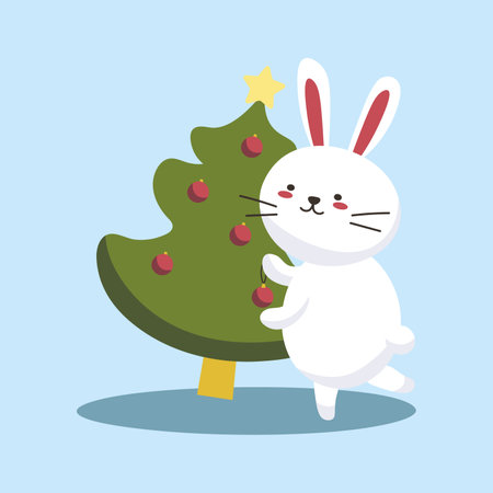 Bunny decorating christmas tree isolated. Merry Christmas and Happy New Year. Winter character with decorations. Cute christmas seasonal vector illustration in cartoon style. EPSのイラスト素材