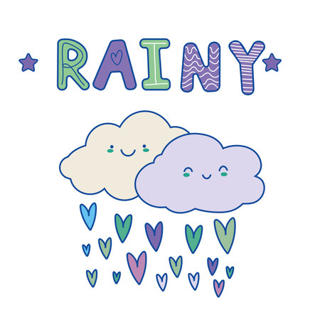 Colorful hand drawn cute card with cloud and heart. Text Reainy vector illustration EPSのイラスト素材