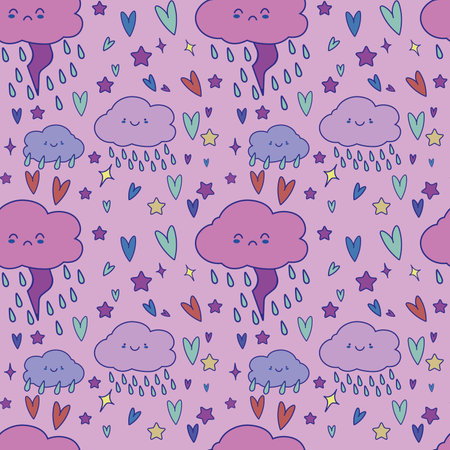 Cute colorful cloud smiling face kawaii seamless pattern background with stars and hears, vector illustration EPSのイラスト素材