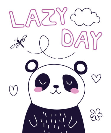 Cute panda with lazy day text in cartoon doodle style. Design of a children card. Poster template for the nursery. Vector illustration. EPSのイラスト素材