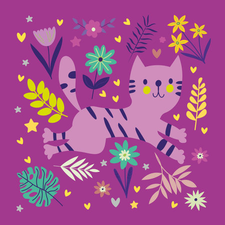 Colorful card with cat and flowers on dark background Scandinavian cartoon style. For web, posters, invitations, postcards, greeting cards, flyers, etc. EPSのイラスト素材