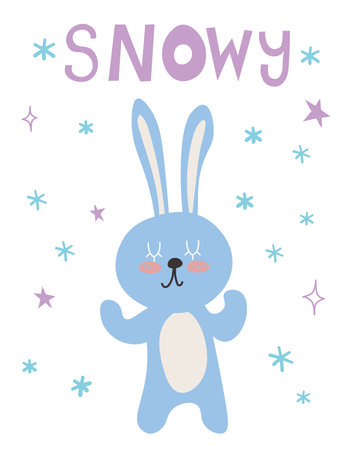 Cute rabbit with Snowy text snowflakes background, bunny greeting gift design template, Flat design vector Illustration EPSのイラスト素材
