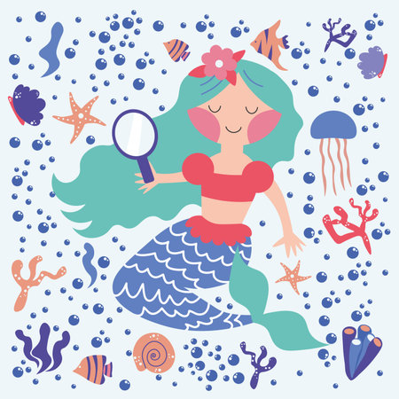Cartoon beautiful mermaid with developing hair in seashells, algae, bubbles. Siren. Marine theme. Hand drawn, detailed vector illustration EPSのイラスト素材