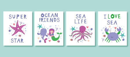 Cute marine animals cards for birthday, children pirate party invitation. Kids posters with sea creatures and corals, whale, octopus, under the sea poster, ocean greeting card vector set EPSのイラスト素材