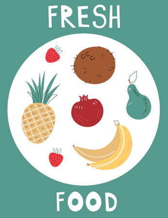 Fruit card text Fresh Fruits. Organic food restaurant and support farmers market concept. Tropical Design with Exotic Fruits for Fabric, T-shirt, Posters, Covers. Vector illustration EPSのイラスト素材