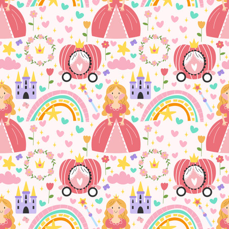 Princess seamless pattern with castle, carriage and rainbow in scandinavian flat style. Girl creative vector childish background for fabric, textile poster, clothing, nursery wall art and card. EPSのイラスト素材