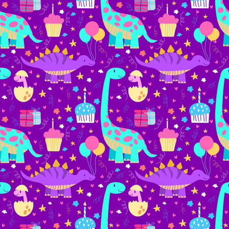 Dinosaur birthday party Dino seamless pattern kid holiday celebration illustration Baby design for birthday invitation or baby shower, poster, clothing, nursery wall art and card. EPSのイラスト素材