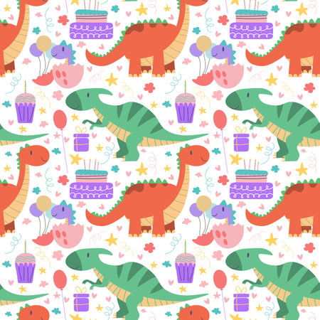 Dino birthday party pattern dinosaur kid holiday celebration illustration Baby design for birthday invitation or baby shower, poster, clothing, nursery wall art and card. EPSのイラスト素材