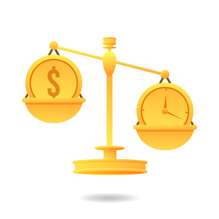 Weigher gold business Clock and dollar on scale. Time is money concept. balance watch and money vector illustration. EPSのイラスト素材