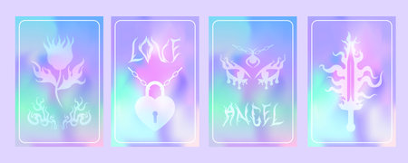 Y2k set of posters blurred gragient on the theme of the 00s. Flame, sword, cards, eyes, fire, flower, heart holographic background and stylish print with text angel, love. Glamorous holo vibrant colors vector illustration EPSのイラスト素材