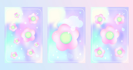 Y2k flower blurred gragient cards. Holographic vector posters background with cloud and flowers geometric shape in trendy 90s, 00s psychedelic style. Rainbow holo and pink colors. EPSのイラスト素材