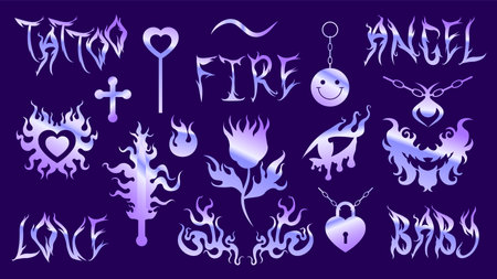 Y2k metal holographic sticker set. Shine holo gradient flame and fire, chain, heart, sword, flower, necklace Vector foil 2000s style. 90s, 00s aesthetic trendy emo goth EPSのイラスト素材