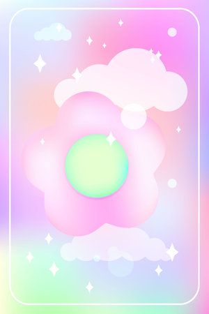 Y2k flower blurred gragient card. Holographic vector poster background with cloud and flower geometric shape in trendy 90s, 00s psychedelic style. Rainbow holo and pink colors. EPSのイラスト素材