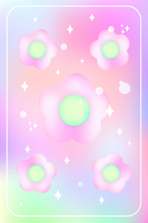 Y2k flower blurred gragient card. Holographic vector poster background with cloud and flower geometric shape in trendy 90s, 00s psychedelic style. Rainbow holo and pink colors. EPSのイラスト素材