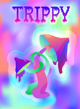 Trippy hallucinogen mushrooms psychedelic with gradient neon light effects. Holographic vector posters background with surreal fungus with cosmic galaxy colors. EPSのイラスト素材