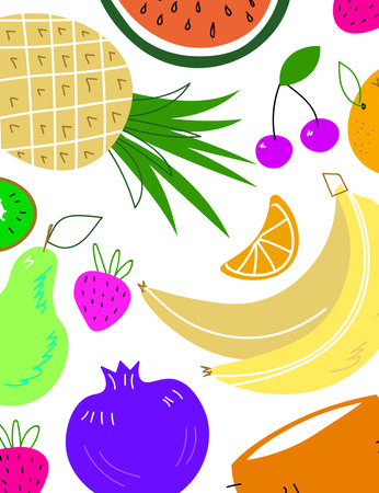 Fruit card Organic food restaurant and support farmers market concept. Tropical Design with Exotic Fruits for Fabric, T-shirt, Posters, Covers. Vector illustration EPSのイラスト素材