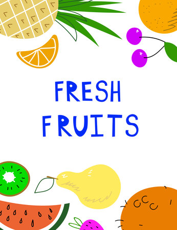 Fruit card text Fresh Fruits. Organic food restaurant and support farmers market concept. Tropical Design with Exotic Fruits for Fabric, T-shirt, Posters, Covers. Vector illustration EPSのイラスト素材