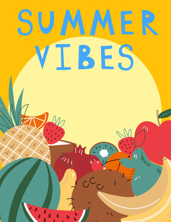 Fruit card text Summer Vibes Organic food restaurant and support farmers market concept. Tropical Design with Exotic Fruits for Fabric, T-shirt, Posters, Covers. Vector illustration EPSのイラスト素材