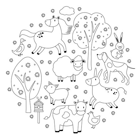 Large circular vector icon set of rural animals in linear style for logos, presentations and the web. Icons are isolated on white background. EPSのイラスト素材