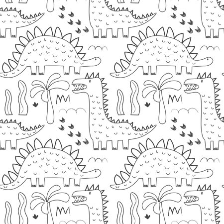 Cute dinosaurs and plants. Funny cartoon dino seamless pattern. Hand drawn vector doodle design for girls, boys, kids. Hand drawn childrens pattern for fashion clothes, shirt, fabric EPSのイラスト素材
