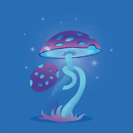 Fantasy trippy hallucinogen magic purple mushroom , vector cartoon icon. Toxic luminous fungus fairy tale or fantasy with neon light EPSのイラスト素材