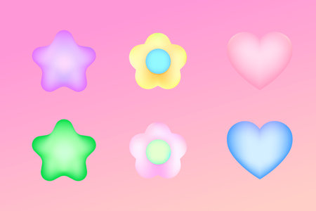 Y2k geometric set flower, star, heart shapes color blur forms. Modern trendy minimalist figures groovy psychedelic style vector elements. EPSのイラスト素材